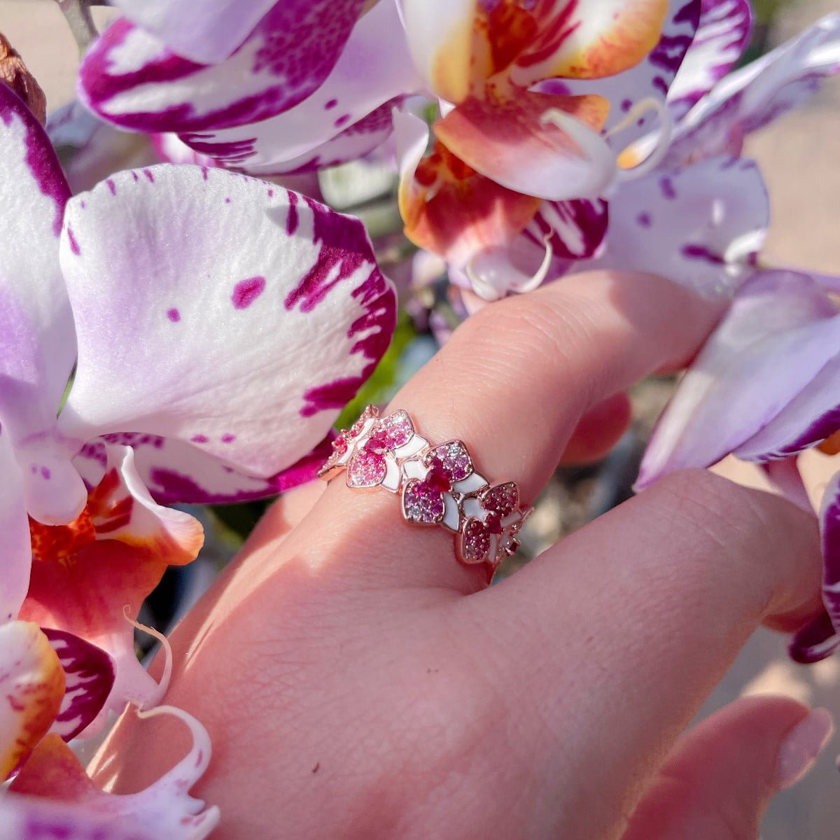 Eternity ring with small orchids