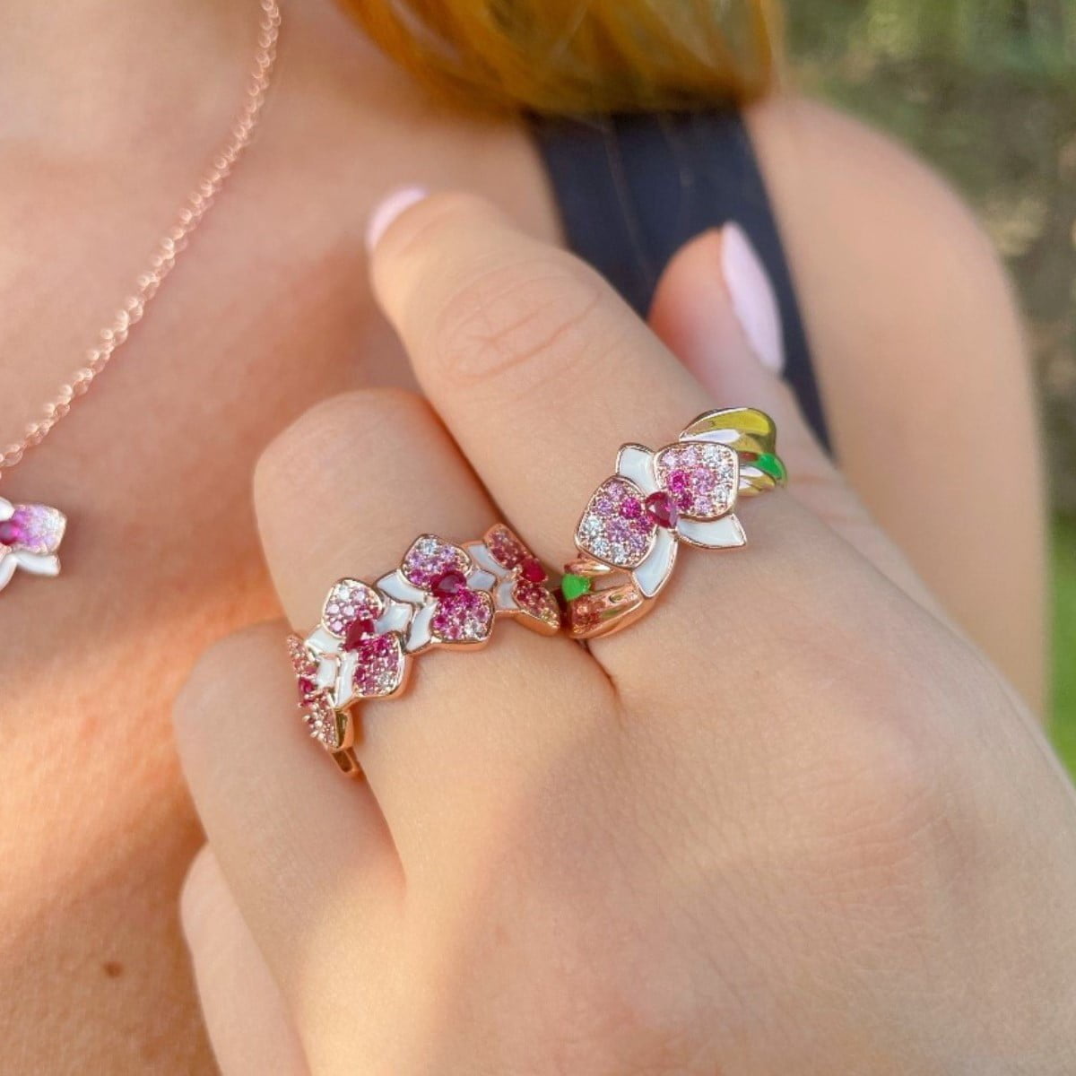 Eternity ring with small orchids